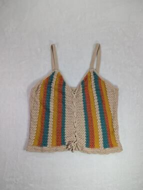Hem & Thread Striped Crochet Crop Top Womens S Multicolor Boho Knit Tank V-Neck